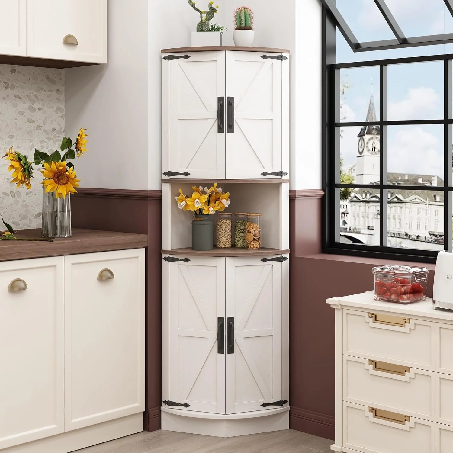 Vabches 64.8 Tall Farmhouse Corner Cabinet Farmhouse Storage Cabinet with Barn Door Design