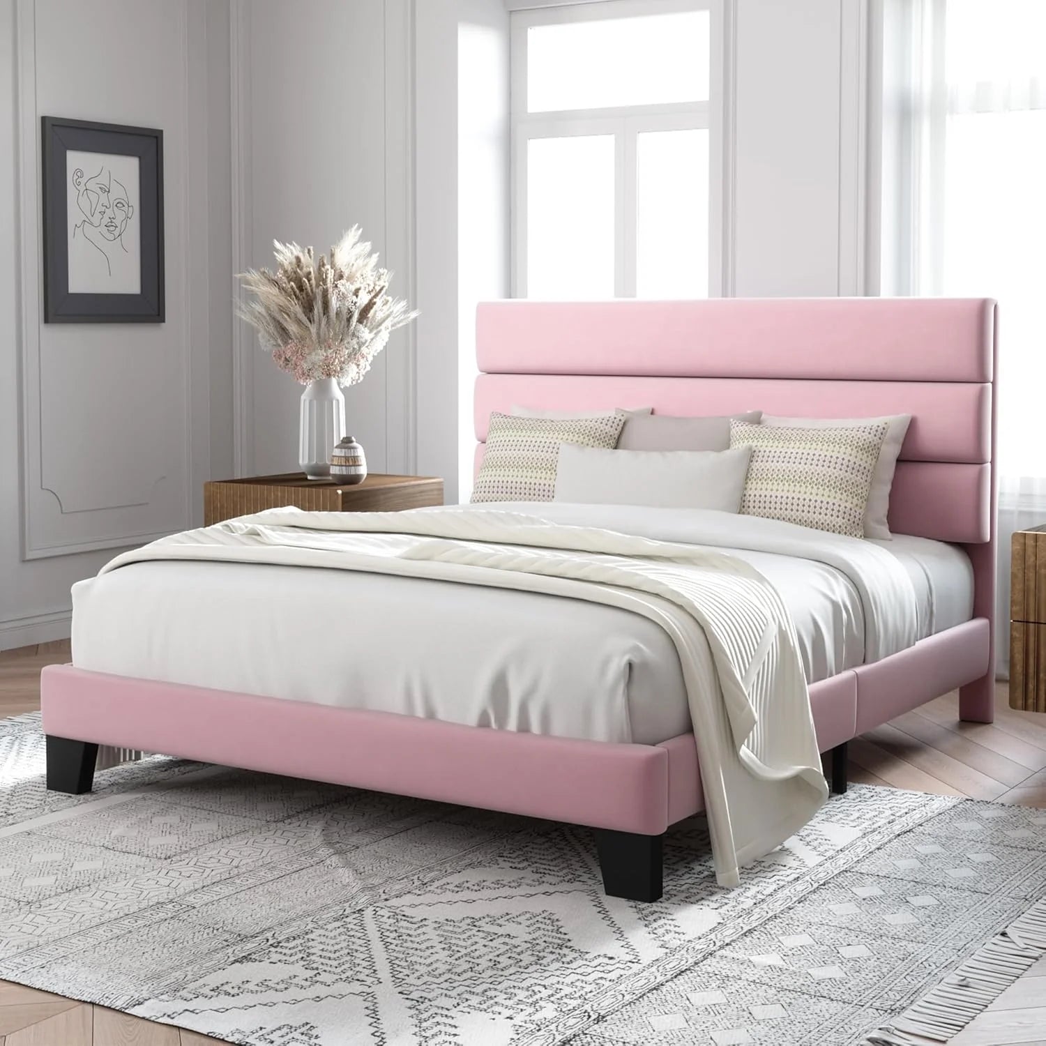 Allewie Queen Size Platform Bed Frame Fabric Upholstered Headboard Wooden Slats Support
