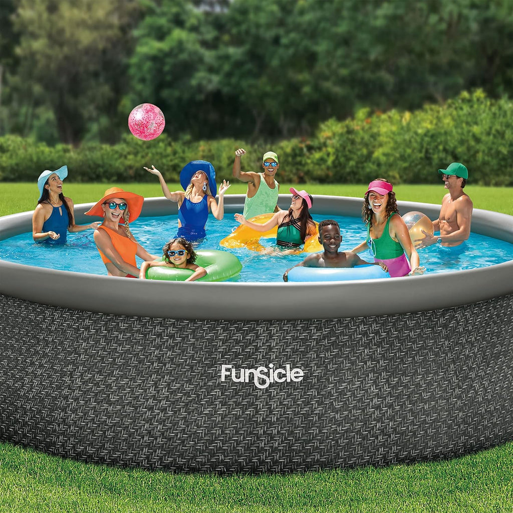 Funsicle 12 Foot by 36 Inch Quickset Round Inflatable Ring Top Outdoor Above Ground Swimming Pool Set with Pump and Cartridge Filter, Dark Herringbone