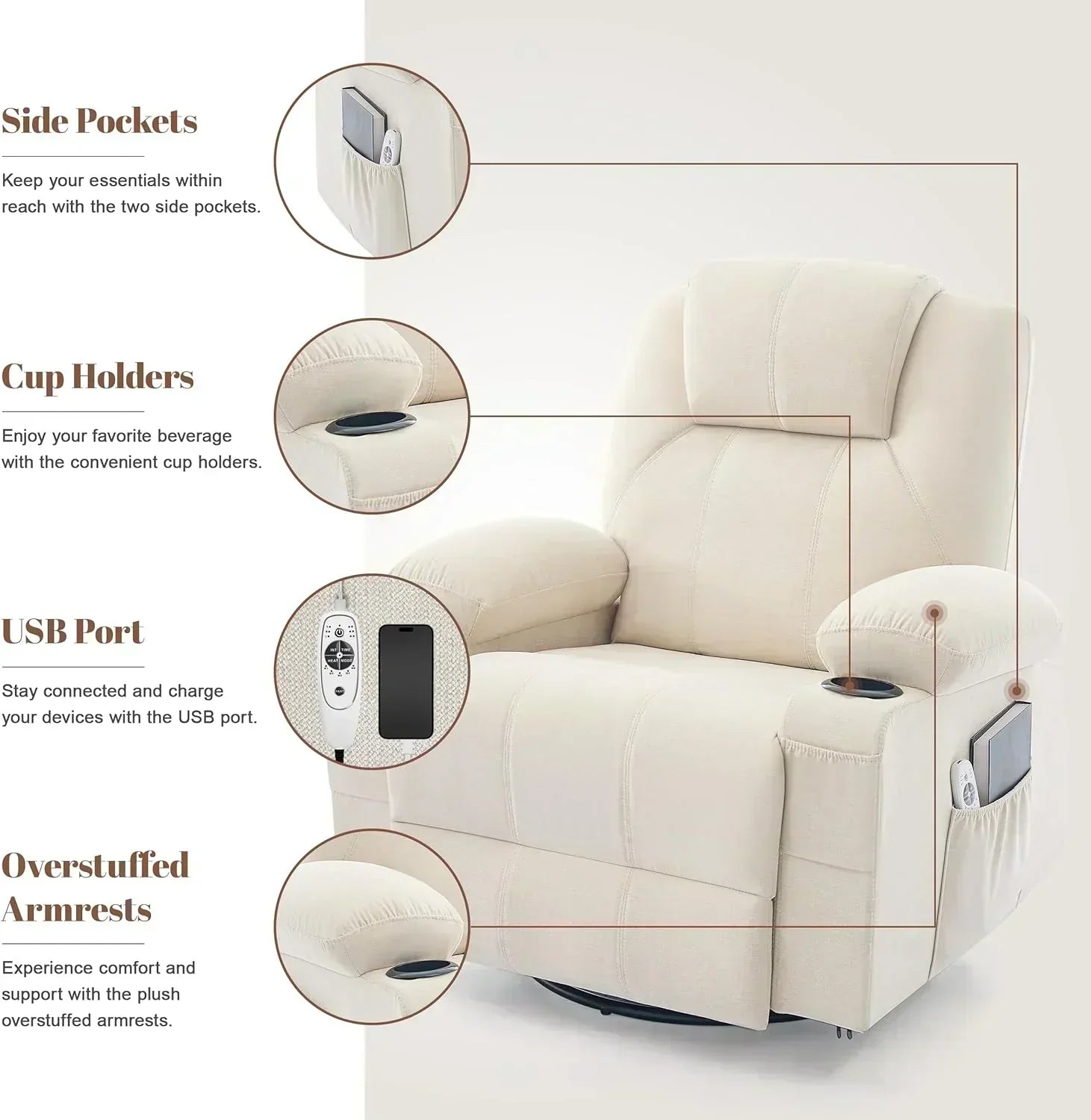 Large Swivel Rocking Recliner with Massage Function 360 Degree Swivel Rocking Single Sofa