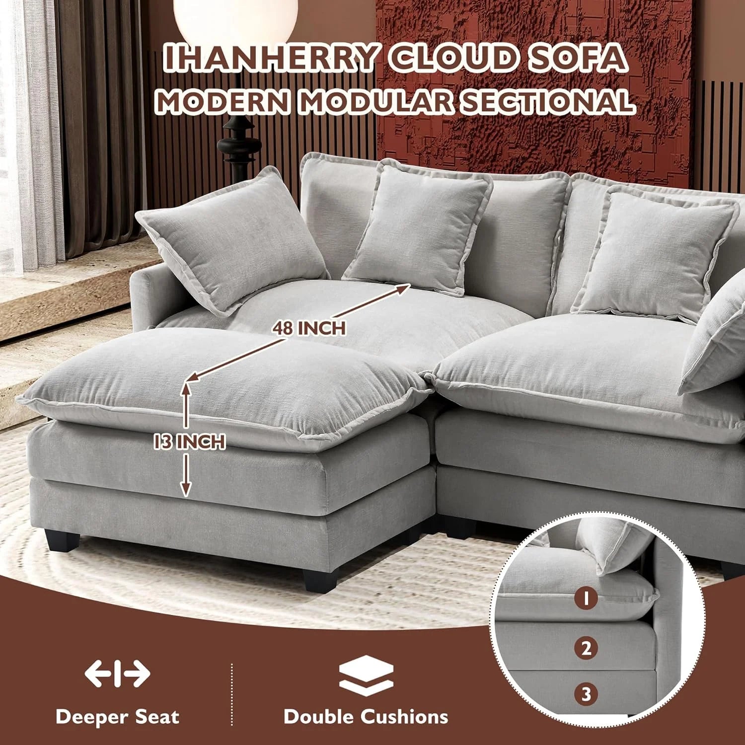 Ihanherry 146 U-Shaped Modern Sofa Modular Sectional Cloud Couch with 2 Ottoman, 6-Seat Chenille Deep Seat Sofa with 6 Pillows for Living Room, Bedroom and Apartment, Grey
