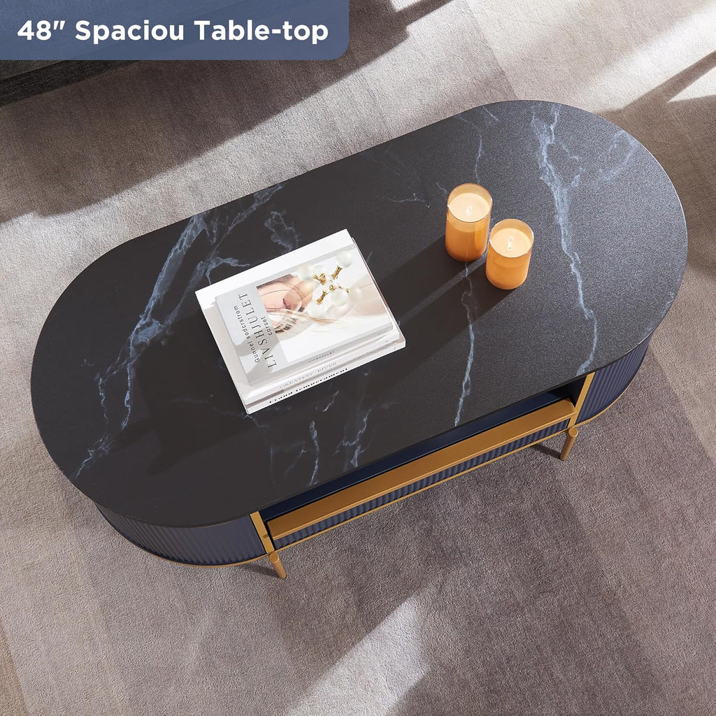 OKD Modern Luxury Grooved Coffee Table 48 Inch Oval Coffee Table Drawers Imitation Marble Top