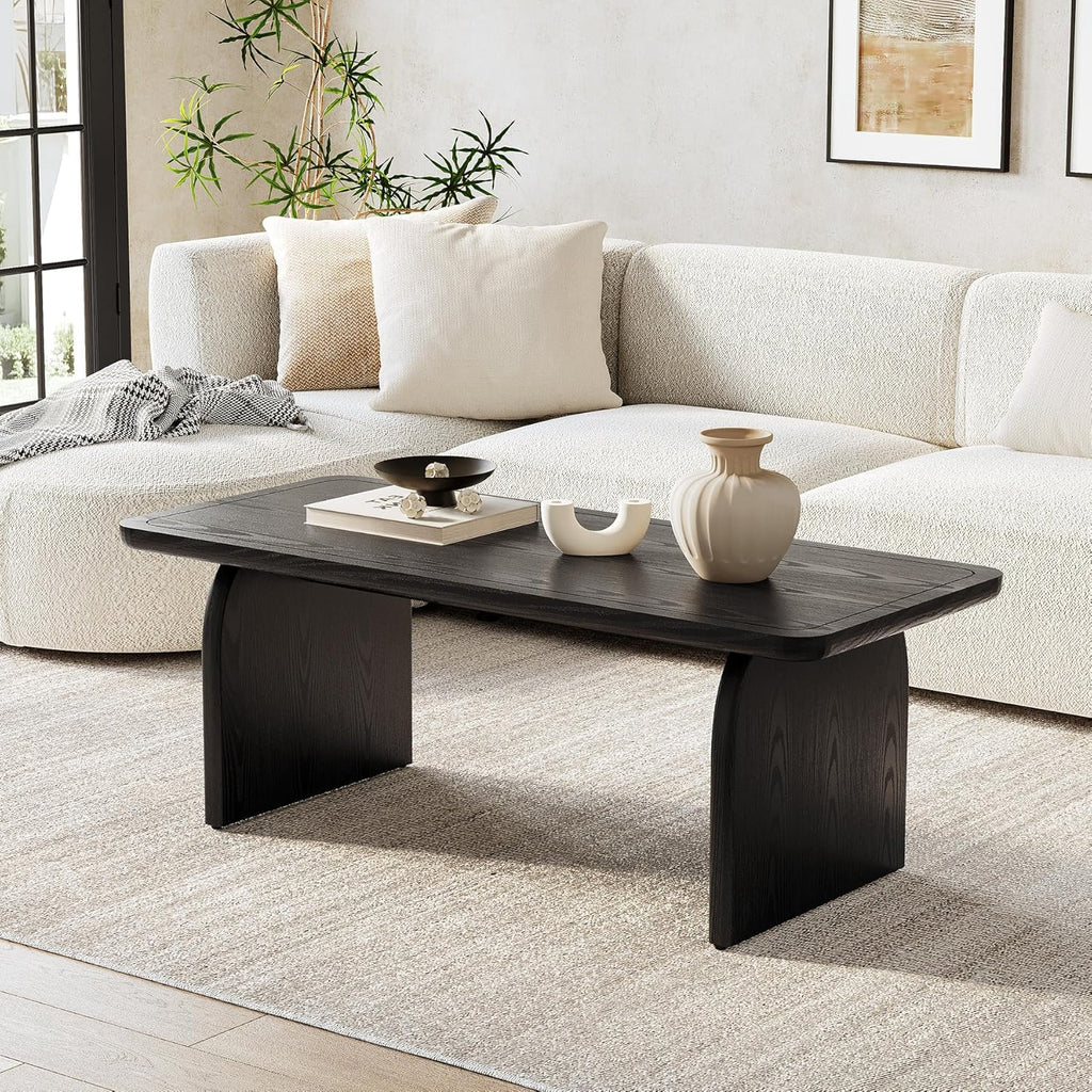 LITTLE TREE Farmhouse Coffee Table 47 Inch Round Corner Wood Center Table Rectangular