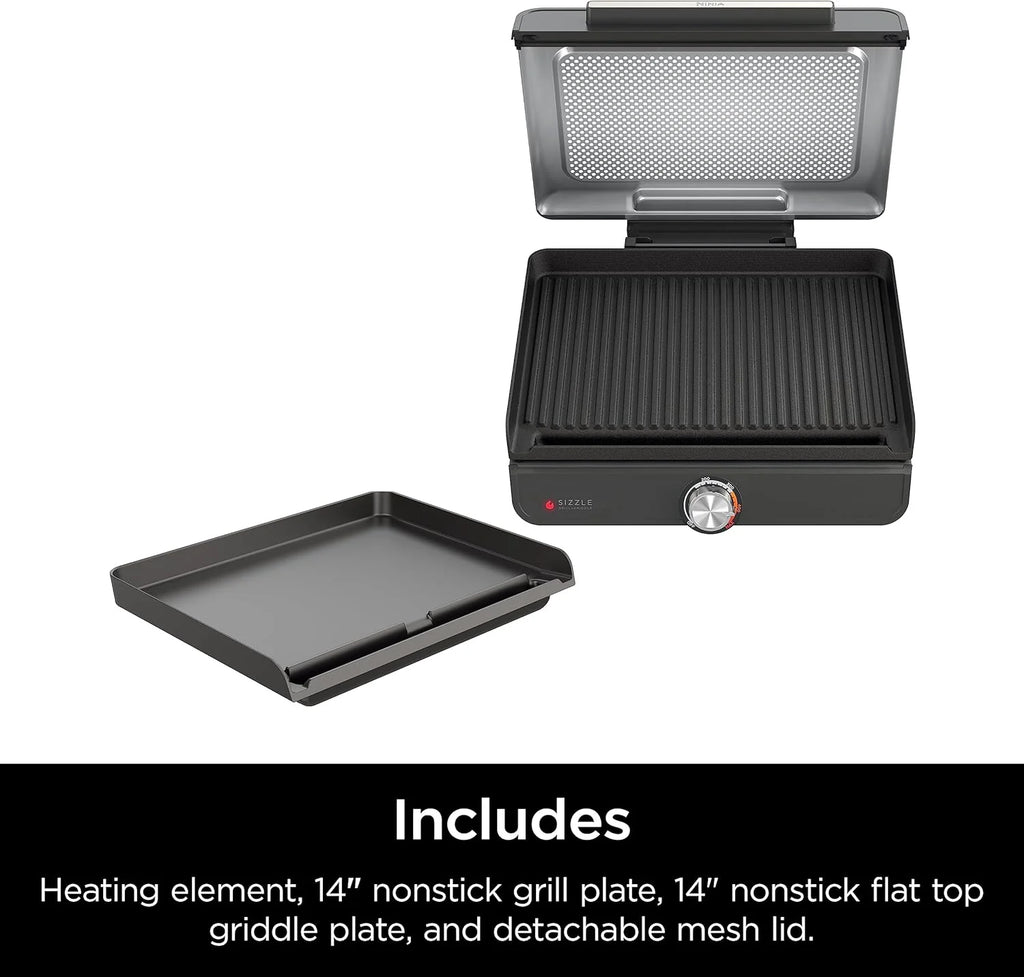 Ninja Griddle and Indoor Grill, 14��? Electric Grill, For Steak, Burgers, Salmon, Veggies, and More, Pancake Griddle, Nonstick, Dishwasher Safe, 500F, Even Cooking, Silver, GR101
