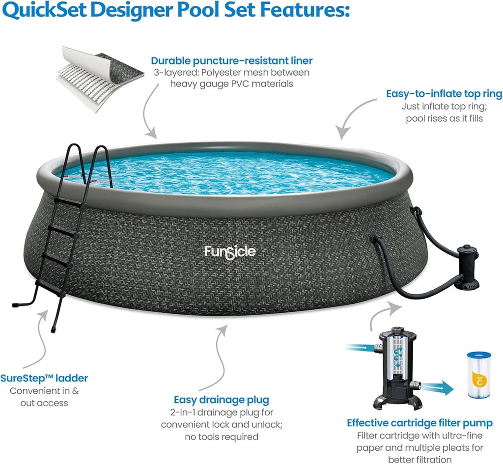 Funsicle 12 Foot by 36 Inch Quickset Round Inflatable Ring Top Outdoor Above Ground Swimming Pool Set with Pump and Cartridge Filter, Dark Herringbone