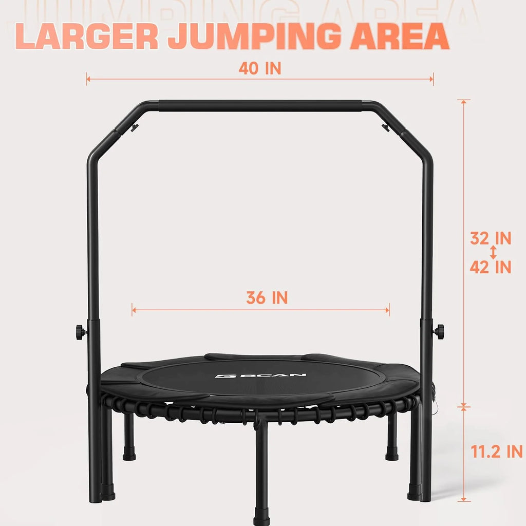 BCAN 450/550 LBS Foldable Mini Trampoline, 40/48 Fitness Trampoline with Bungees, U Shape Adjustable Foam Handle, Stable & Quiet Exercise Rebounder for Adults Indoor/Outdoor Workout