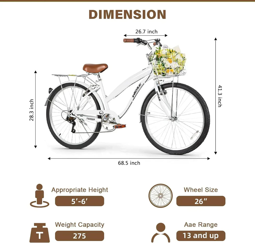 WEIZE Beach Cruiser Bike 26 inch Commuter Bicycle for Adult Men and Women 7-Speed/High-Carbon