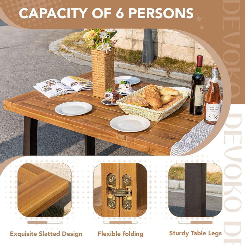 Devoko Home Acacia Wood Dining Table 6-Person Indoor Outdoor Table Iron Legs Sandblast Finish