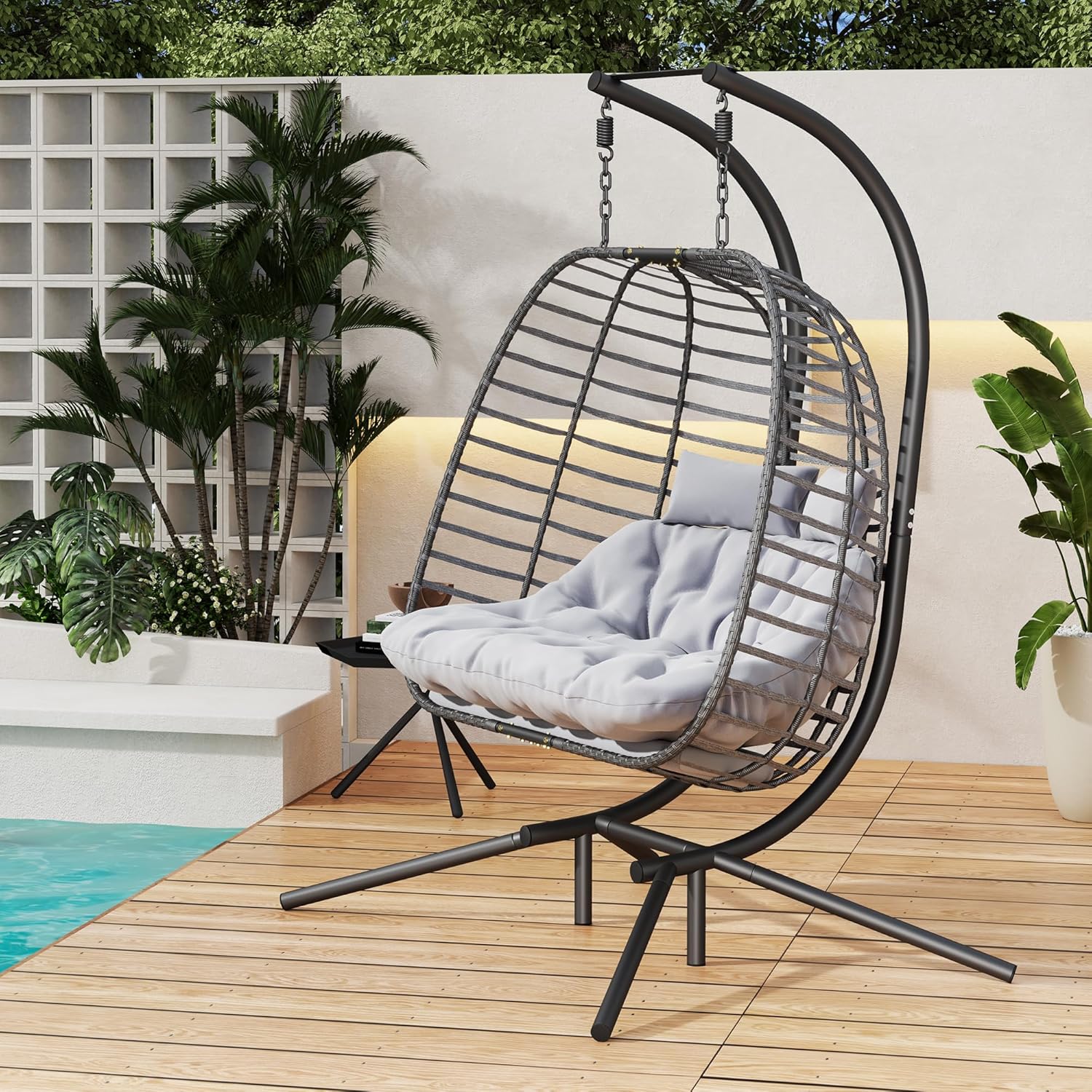 HWB Hanging Egg Chair Patio Wicker Hammock Egg Swing Chair with Cushion for Bedroom