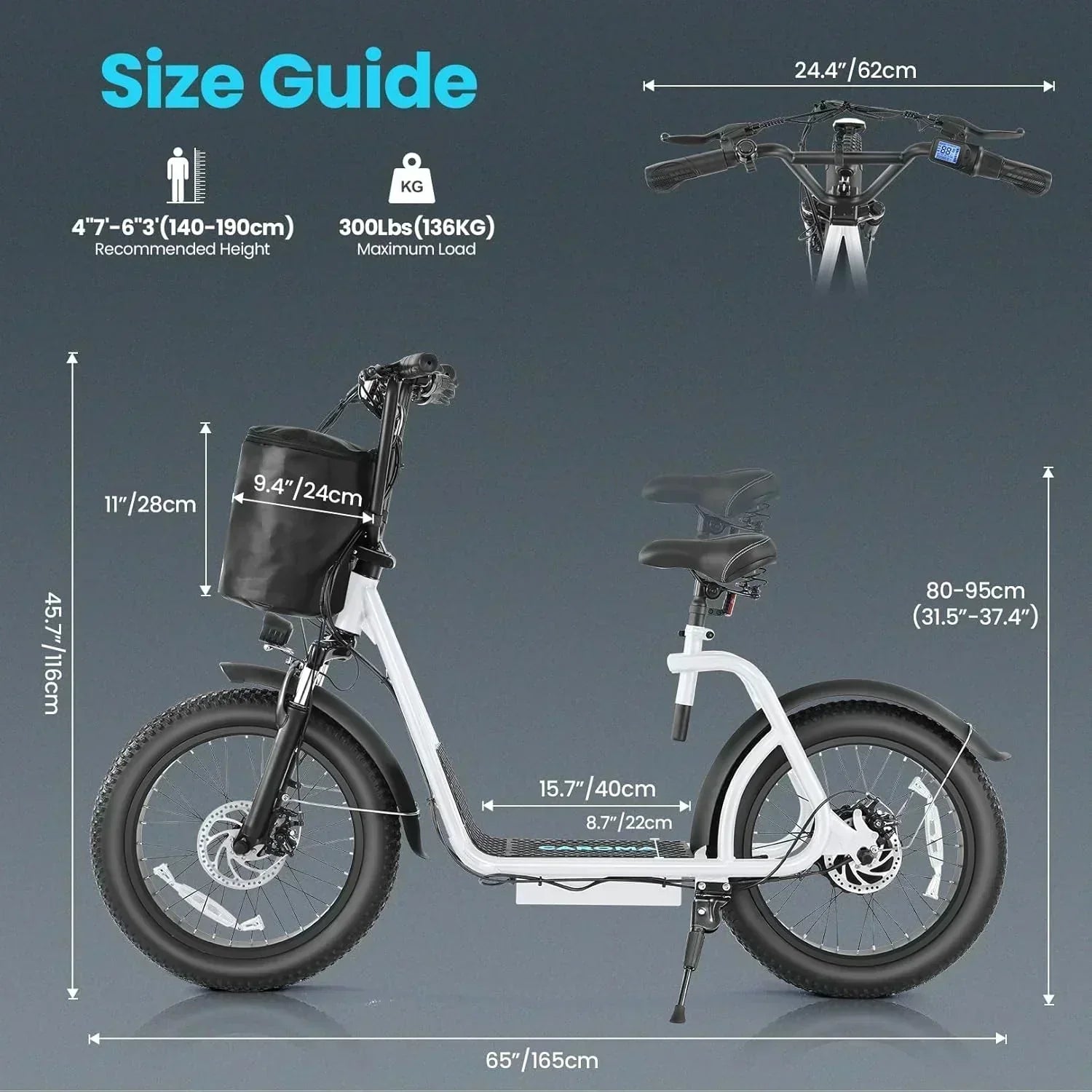 Caroma Peak 800W Foldable Adult Electric Scooter with 20-inch Wide Tires 48V Battery Basket