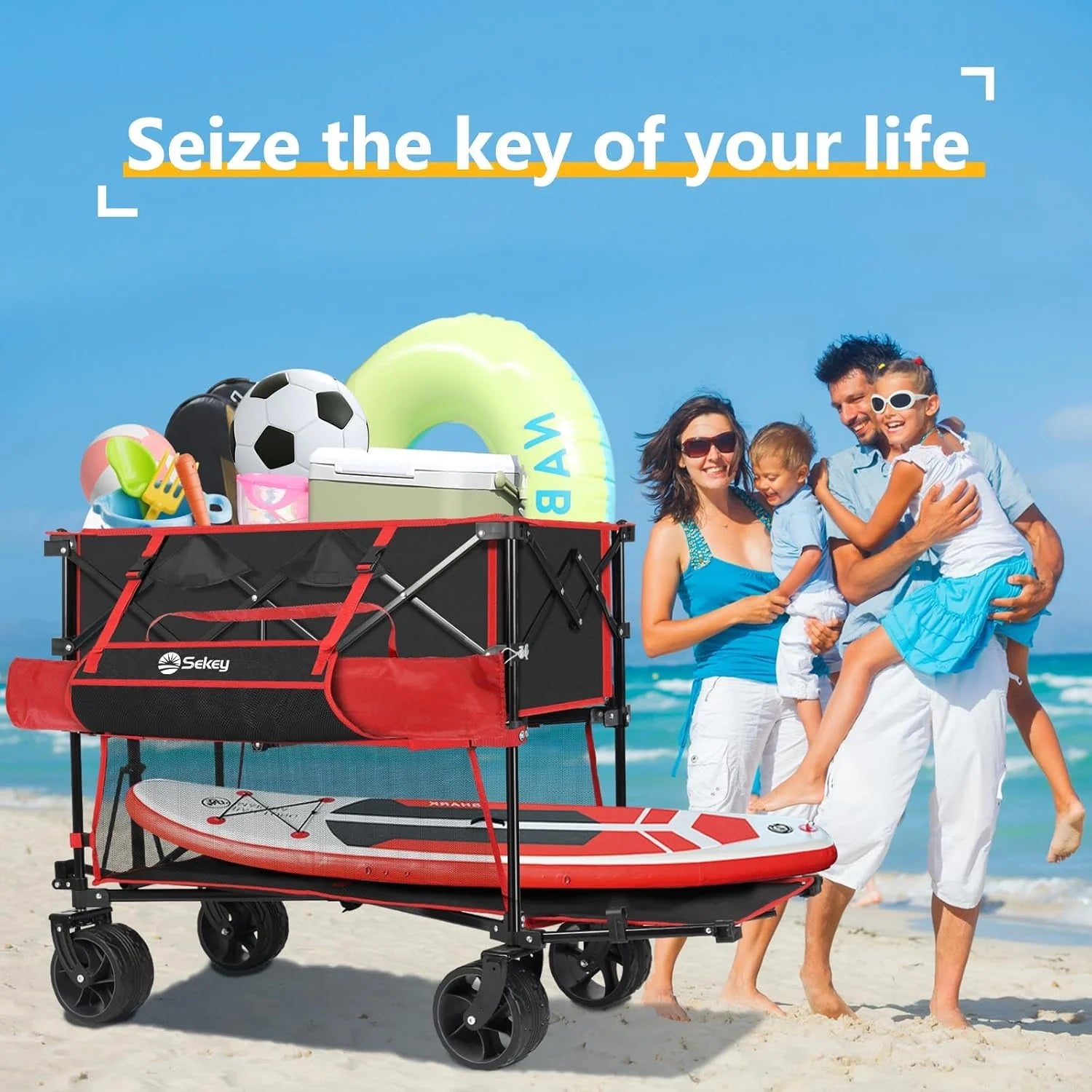 400L Large Capacity Folding Double Decker Wagon with Brakes, 50 Extra Long Extender Cart, 500lbs Heavy Duty Collapsible Wagons